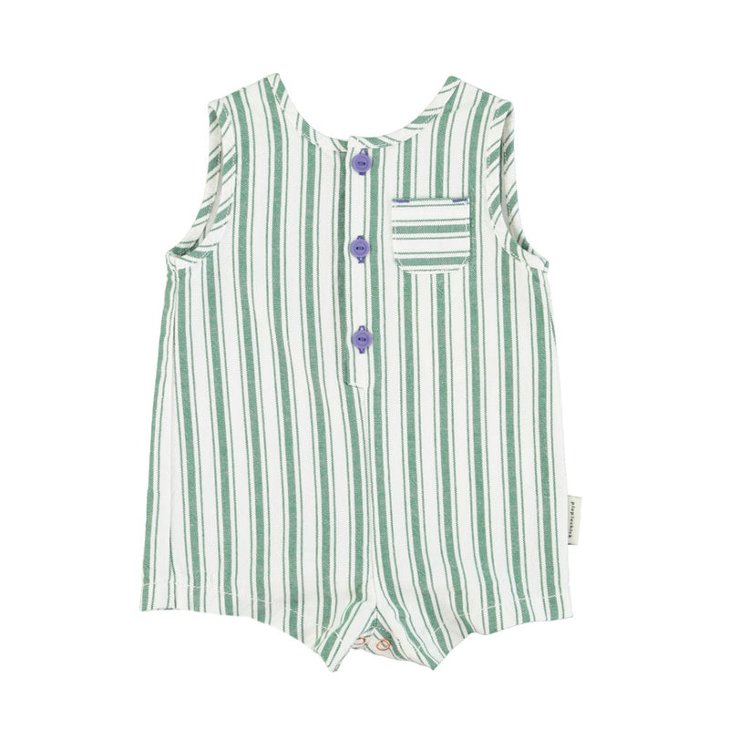 BABY SHORT JUMPSUIT WHITE WITH LARGE GREEN STRIPES
