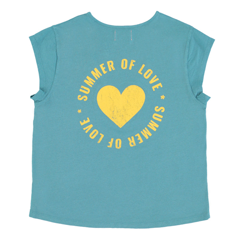 SHORT SLEEVE T-SHIRT WITH DEEP ROUND NECK BLUE WITH SUMMER OF LOVE PRINT