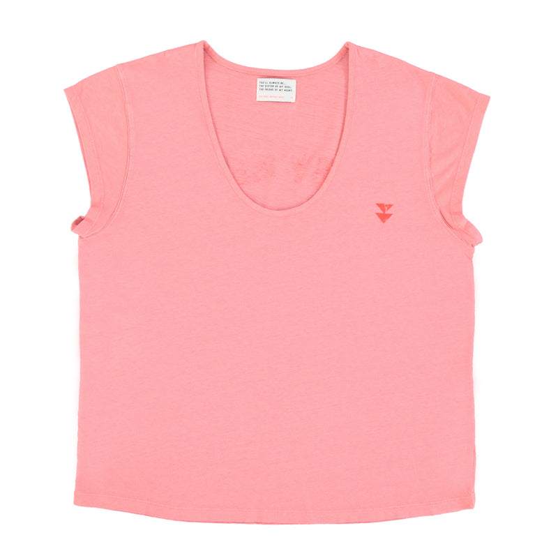 SHORT SLEEVE T-SHIRT WITH DEEP ROUND NECK PINK WITH BABY NEEDS SUMMER PRINT