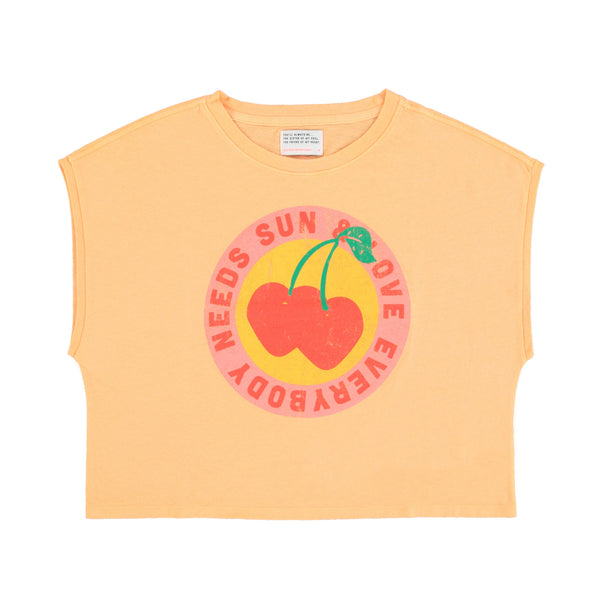 SLEEVELESS T-SHIRT/TOP WITH ROUND NECK PEACH WITH CHERRIES PRINT