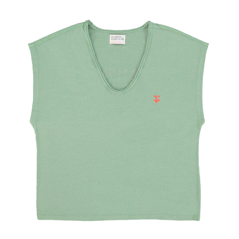 SLEEVELESS T-SHIRT WITH DEEP ROUND NECK GREEN WITH L'AMOUR PRINT