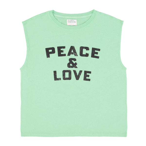 SLEEVELESS T-SHIRT WITH ROUND NECK GREEN WITH PEACE & LOVE PRINT