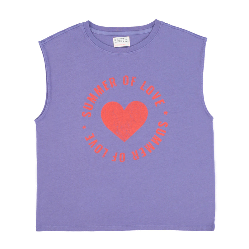 SLEEVELESS T-SHIRT WITH ROUND NECK PURPLE WITH SUMMER OF LOVE PRINT