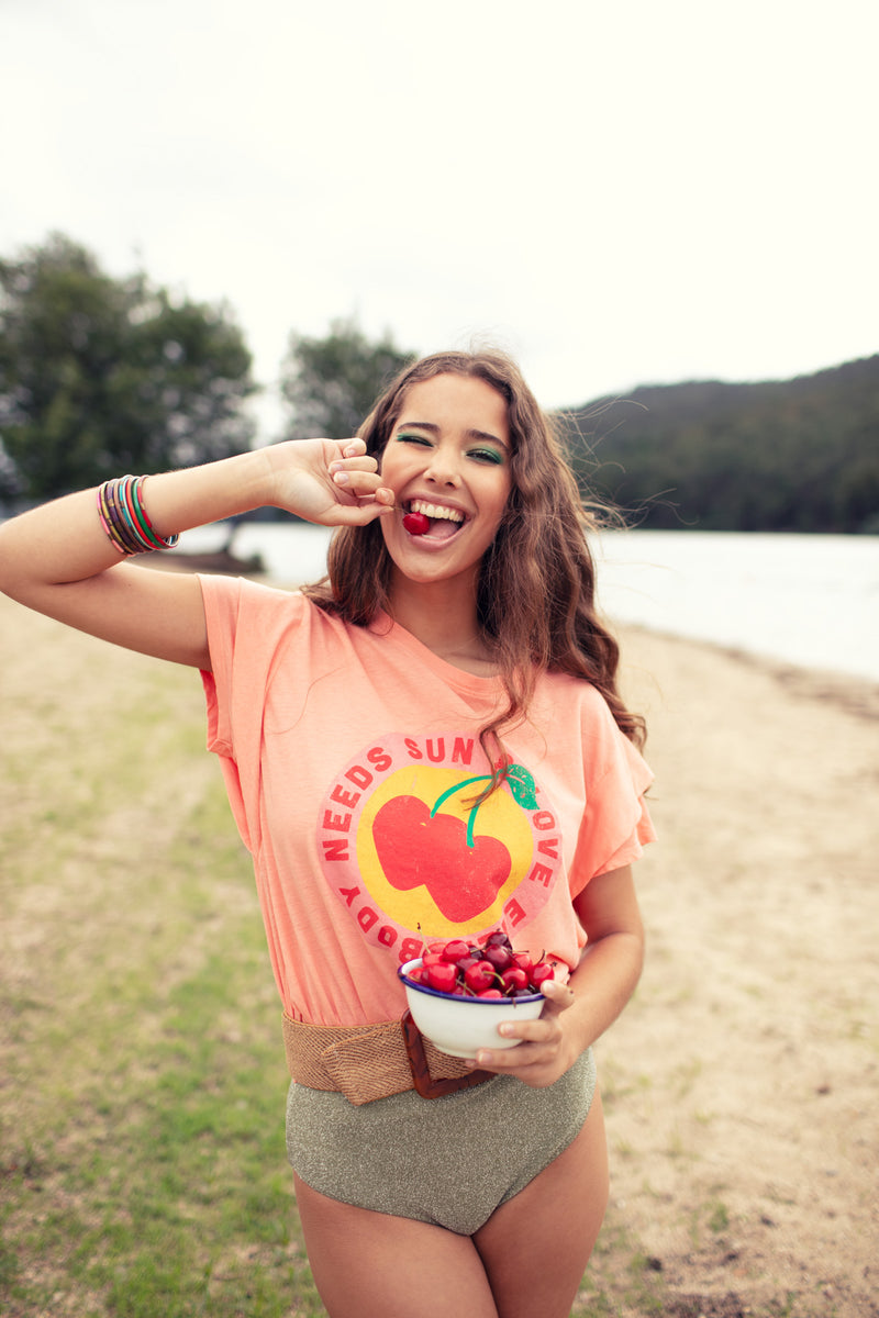 DOUBLE SHORT SLEEVE T-SHIRT PINK WITH CHERRIES PRINT