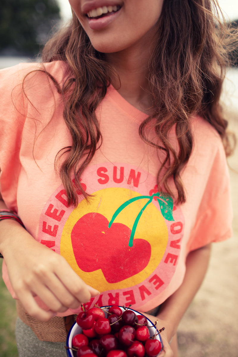 DOUBLE SHORT SLEEVE T-SHIRT PINK WITH CHERRIES PRINT