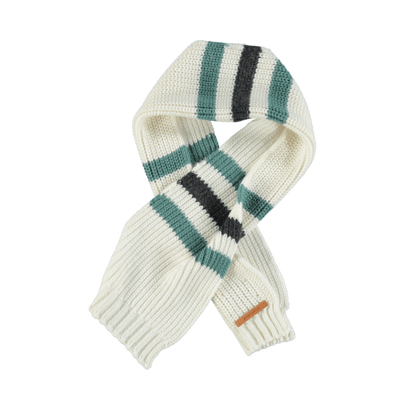 knitted scarf ecru with grey & emerald stripes