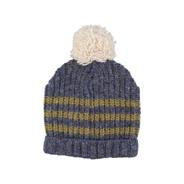 knitted hat with pompon blue with olive green stripes