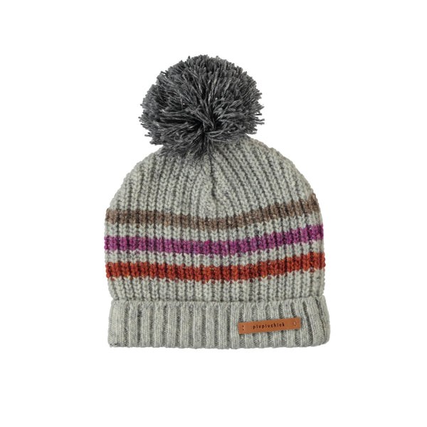 knitted hat with pompon grey with multicolor stripes